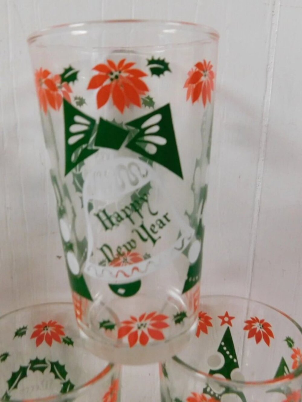 Retro Merry Christmas Tree Happy New Year Glasses s/ 7 Poinsettia